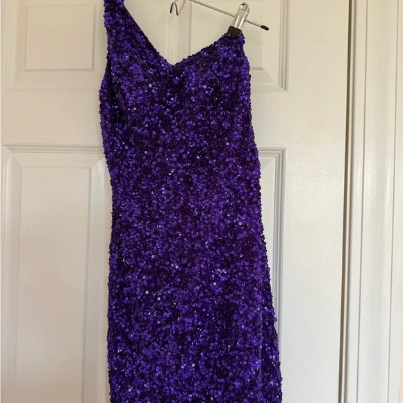 purple glitter mini dress Glitter Tight V-Neck Purple Mini Dress – FancyVestido main image 1